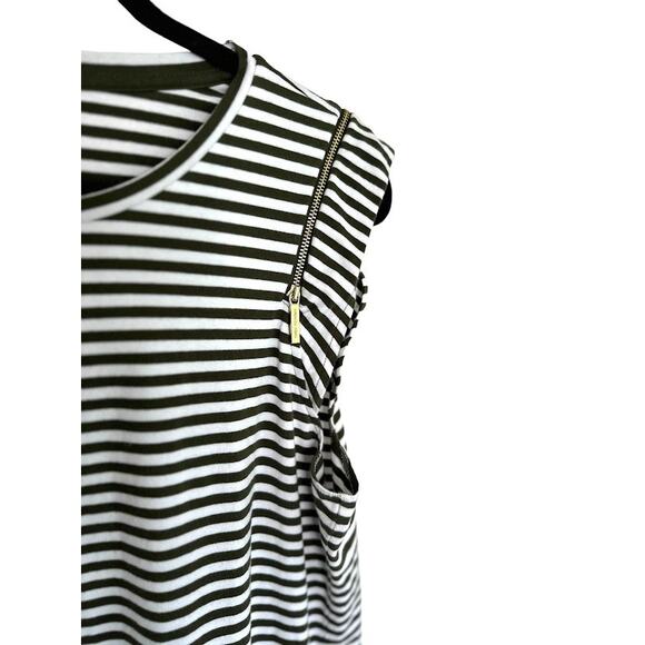 Michael Kors Striped Mini Dress Women's XL Green White Ruffle Sleeve Cotton Zip - Picture 2 of 10